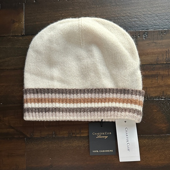 Charter Club Accessories - Charter Club Cream Cashmere Beanie with Stripes NWT